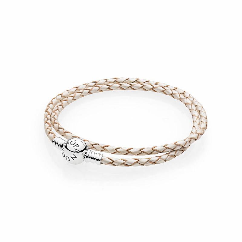 Pandora Champagne-colored Braided Double-leather Charm Bracelet Ireland - Sterling Silver/Leather/Wh